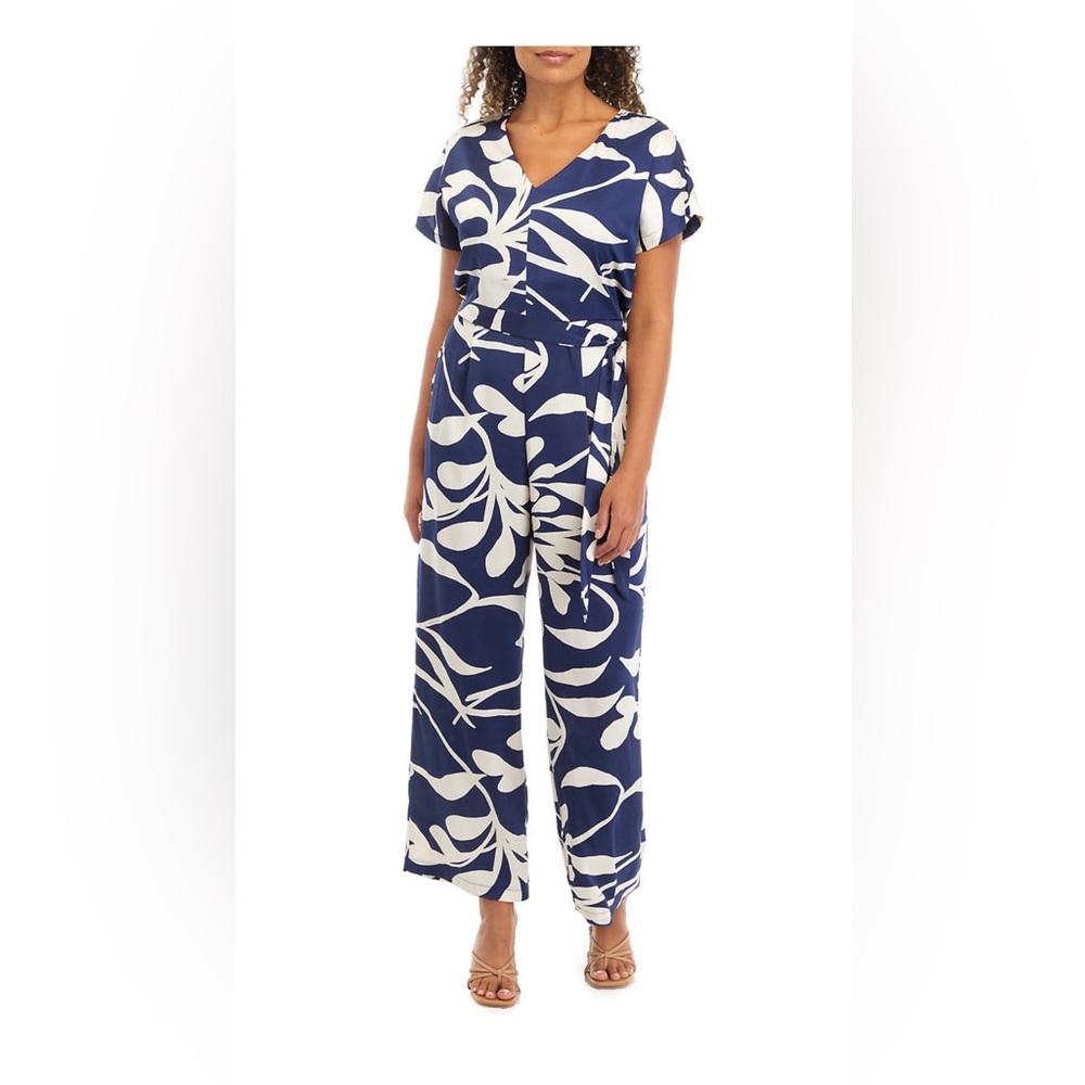 NWOT Luxology Blue and Cream Botanical Jumpsuit